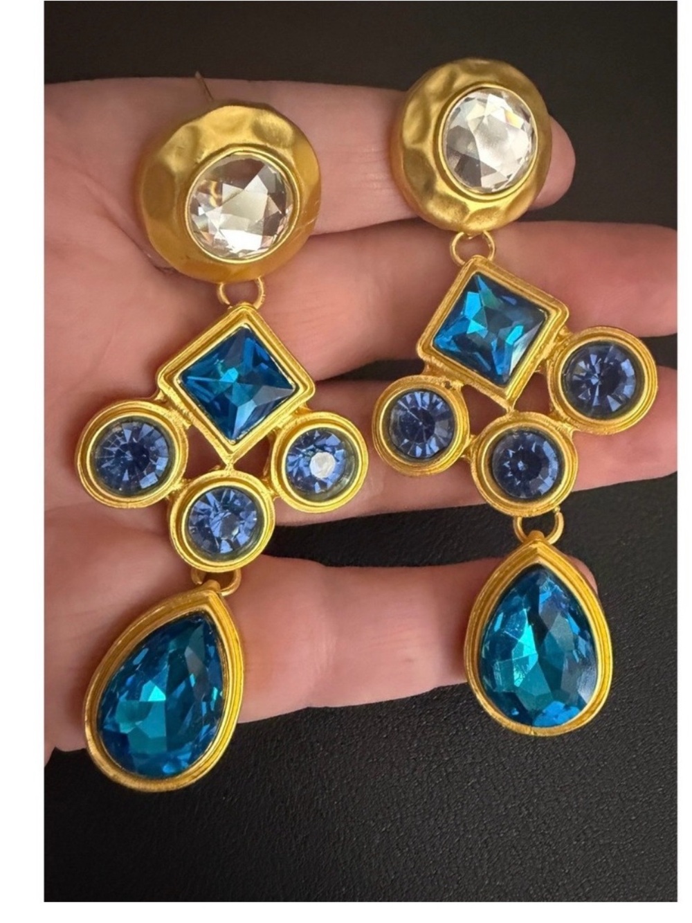 Rhinestone Earrings Mogul Dangle Gold Tone Teal Blue